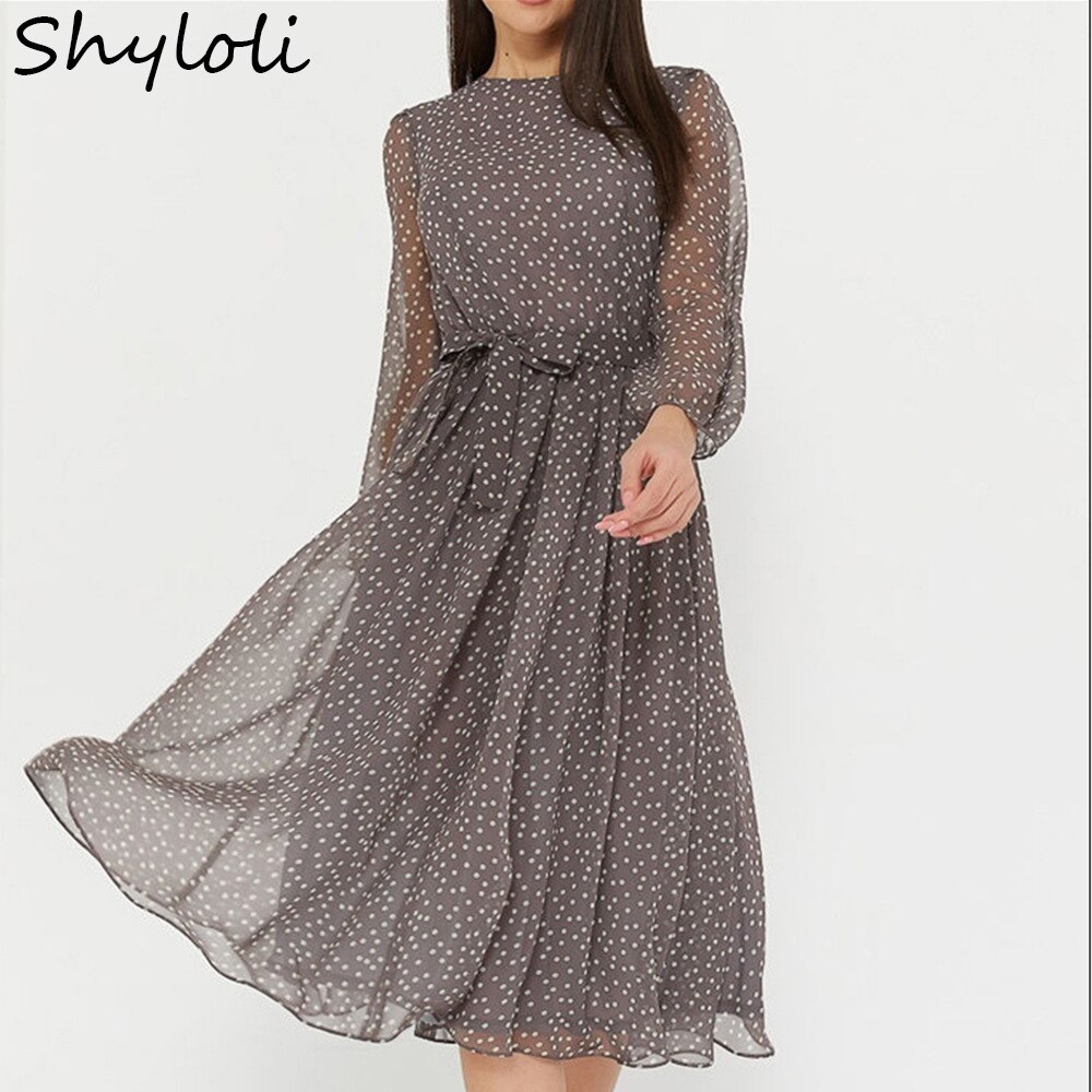 Shyloli-우아한 도트 프린트 긴 소매 여성 드레스, 2021 년 신제품 보헤미안 캐주얼 o-넥 쉬폰 a-라인 드레스, 빈티지 파티